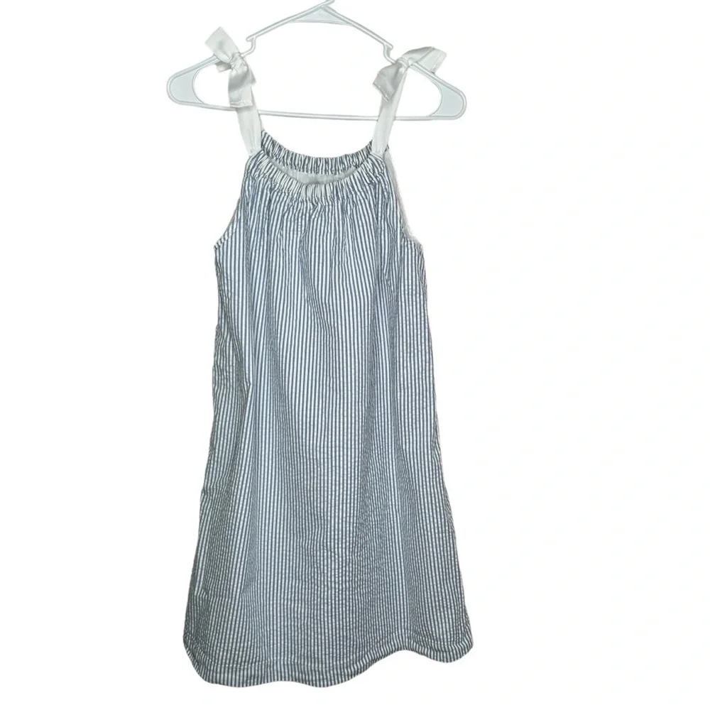 Lands' End Girls Size 14 Blue And White Bow Straps Fully Lined Seersucker Dress